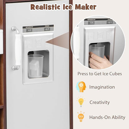 Costzon Kids Kitchen Playset, Wooden Pretend Cooking Kitchen Toy with Realistic Sounds & Light, Range Hood, Microwave, Ice Maker, Sink & Faucet, Toddler Play Kitchen, Gift for Boys & Girls 3+