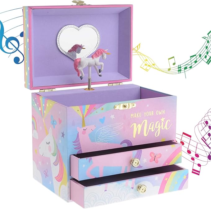 Jewelkeeper Unicorn Musical Jewelry Box for Girls - Cotton Candy Rainbow Design Music Box with 2 Pullout Drawers to Store Earrings, Necklace and Bracelets, Plays The Beautiful Dreamer Tune