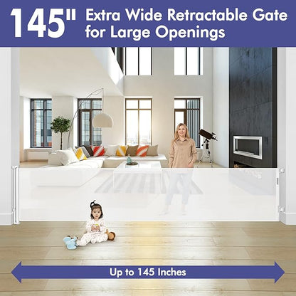 145 Inch Retractable Baby Gates Extra Wide Dog Gate for Extra Wide Openings Retractable Dog Gate Indoor Outdoor Retractable Gate Mesh Baby Gate Extra Long Baby Gate for Stairs, Doorways, White