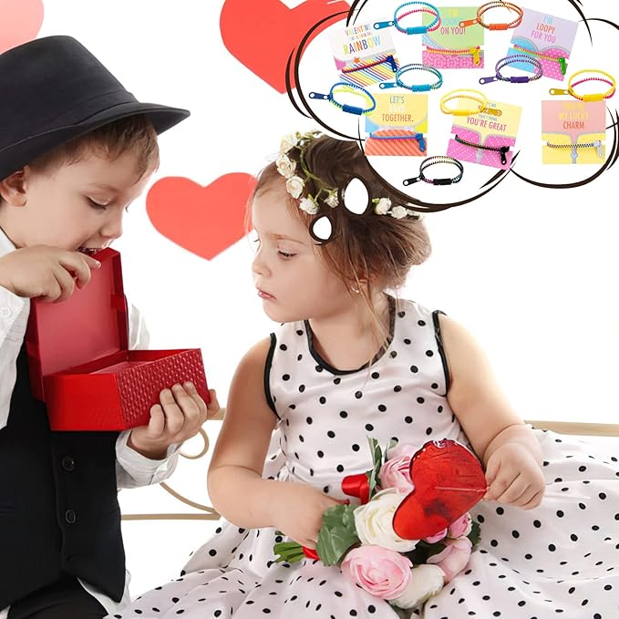 OuMuaMua Valentines Gift for Kids Classroom - 30 Pack Valentines Exchange Cards with Zipper Bracelets for School Class Exchange Gifts, Toddlers Girls Boys Valentines Gifts