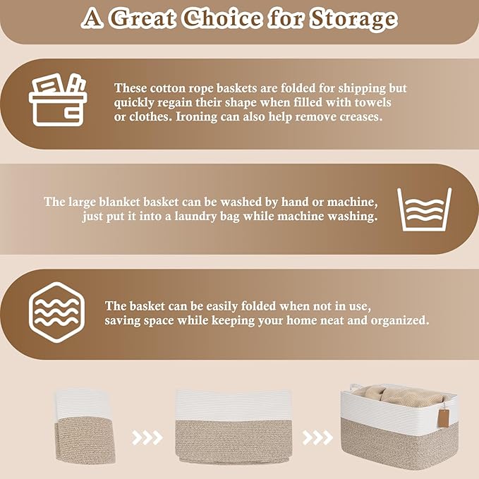 Goodpick Woven Storage Baskets for Organizing 22”x17”x12” Large Blanket Basket for Living Room Home Decor, Rope Nursery Toy Storage for Kids Baby Laundry Basket with Handles