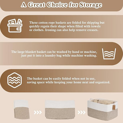 Goodpick Woven Storage Baskets for Organizing 22”x17”x12” Large Blanket Basket for Living Room Home Decor, Rope Nursery Toy Storage for Kids Baby Laundry Basket with Handles