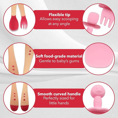 4 piece set of silicone spoon/fork and heat sensitive Baby Utensils Self Feeding Chewable Toddler Training