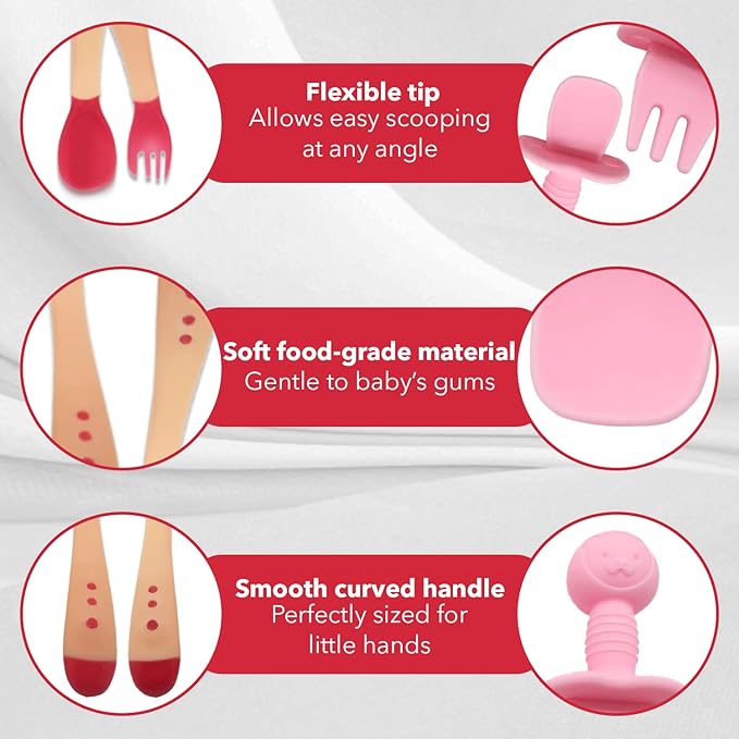 4 piece set of silicone spoon/fork and heat sensitive Baby Utensils Self Feeding Chewable Toddler Training