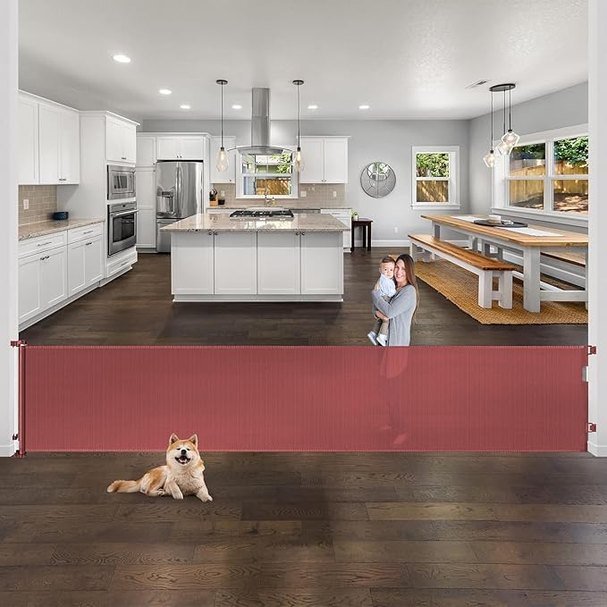 168 Inch Extra Wide Retractable Baby Gate Retractable Dog Gates for Doorways Extra Wide Puppy Gates for The House Mesh Gates for Baby Indoor Extra Long Baby Gate Retractable Fence Outdoor Gate, Timber