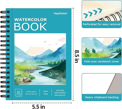 Hapikalor 5.5"x8.5"Watercolor Small Sketchbook for Kids, 30 Sheets (60 Pages) Spiral Bound, Water Color Paper, 140lb/300gsm Watercolor Paper, Watercolor Notebook, Watercolor Journal, Sketch Pad, Teal