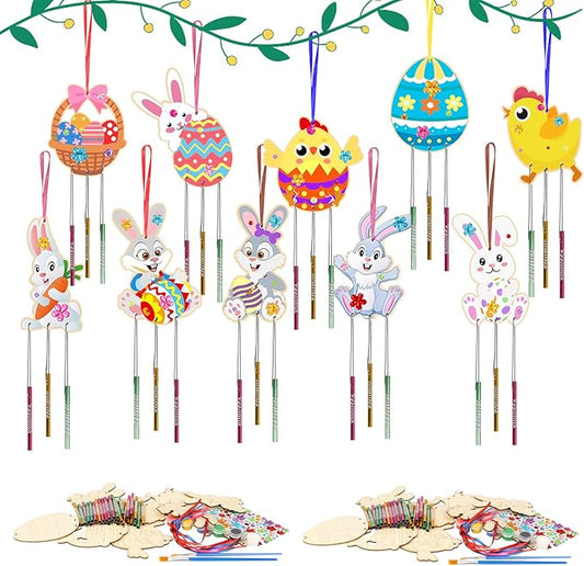 Fennoral 30 Pack Easter Wind Chime Kit for Kids Make You Own Bunny Egg Wind Chimes DIY Coloring Wooden Easter Art and Craft for Easter Hanging Ornaments Easter Party Decoration