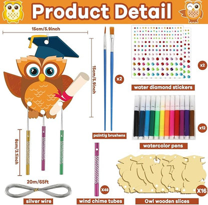 gisgfim 16 Pack Owl Wind Chime Kits Graduation Crafts for Kids Make Your Own Owl Wind Chime Wooden DIY Arts and Crafts for Graduation Party School Classroom Decorations Supplies Birthday Favors