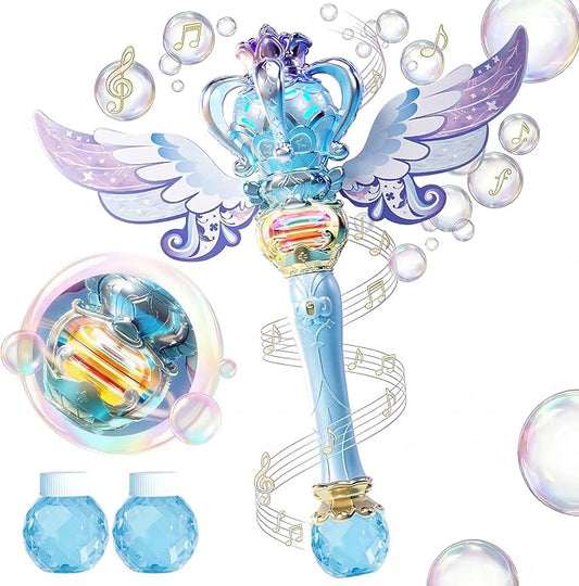 Uregoio Princess Bubble Wands Machine for Kids with Rotating Design, Outdoor Bubble Maker Toys for Kids Ages 4-8, Rechargeable Light Up & Music Fairy Wands, Party Birthday for 3+ Year Old Girls(Blue)