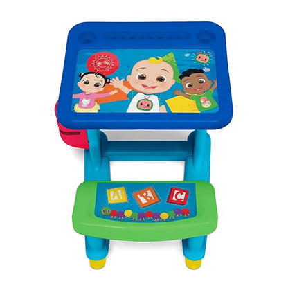 CoComelon Draw and Play Desk by Delta Children – Includes 10 Markers and Coloring Book, Blue