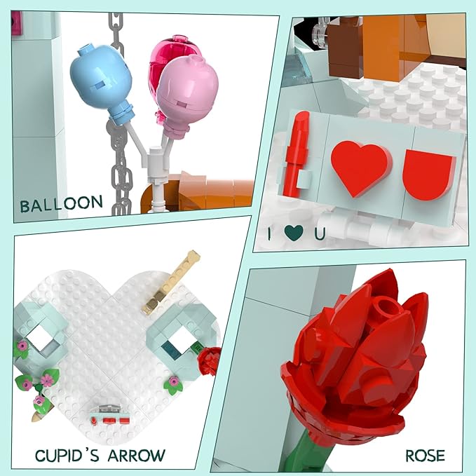 Nubee Valentine’s Brown Bear Building Toys Compatible for Lego, Cute Swing Bears Building Sets with Heart, Flowers, I Love You, Cupid's Arrow, Birthday Valentine Gifts for Boys Girls Aged 8+