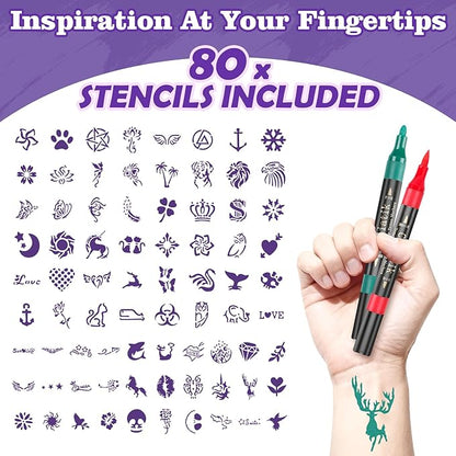 Temporary Tattoo Markers for Skin – Dual-End 16 Colors + 80 Stencils Kit, Skin-Safe Washable Cosmetic-Grade Body Art Pens for Kids & Adults