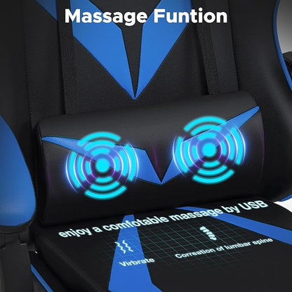 HOFFREE Massage Gaming Chair for Kids Computer Gamer Chair with Footrest and Lumbar Support Reclining PC Game Chair with Headrest for Gaming Room Blue and Black
