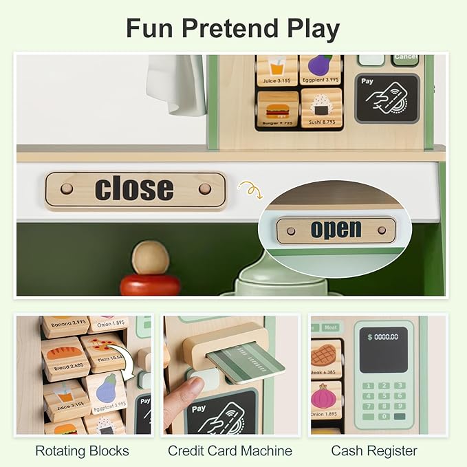 Kids Grocery Store Pretend Play, Puppet Theater&Grocery Store Playset Toy Double-Sided, Toddler Supermarket Toy Cash Register w/Blackboard, Display Shelves, Gift for Boys Girls, Green