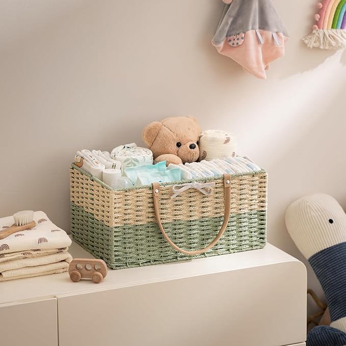 HBlife Large Baby Diaper Caddy Organizer, Paper Rope Storage Baskets Nursery Bin with Removable Divider, Portable Car Organizer for Diapers, Baby Shower Gifts, Newborn Essentials Must Haves