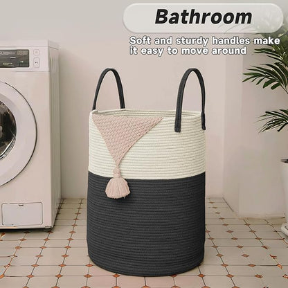 JMvicyroam Large Woven Laundry Basket Hamper,60L Cotton Rope Storage Bin for Blankets,Toys and Clothes,Decorative Tall Nursery Hamper for Living Room,Baby Nursery,Bathroom and Bedroom,White and Black