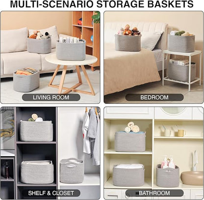 ICERZCZ Storage Baskets for Organizing Shelves, Woven Cotton Rope Bins for Baby Nursery Organization, Book Toy Towel Organizer, 15"x11"x9.5", 3 Packs, Grey