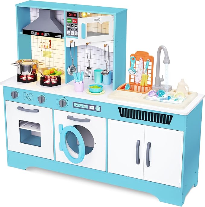 Lil' Jumbl Kids Wooden Blue Color Kitchen Set, Pretend Working Sink with Real Running Water, Includes Range Hood, Microwave & Stove Top That Make Realistic Sound & Light, Full Accessory Set Included