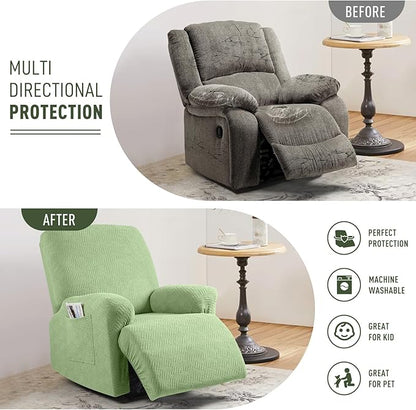 KinCam Recliner Covers, Stretch Reclining Chair Covers, Recliner Sofa Slipcovers Stripe Jacquard Recliner Couch Covers Furniture Protector Covers for Pet Kid (1 Seater, Light Green)