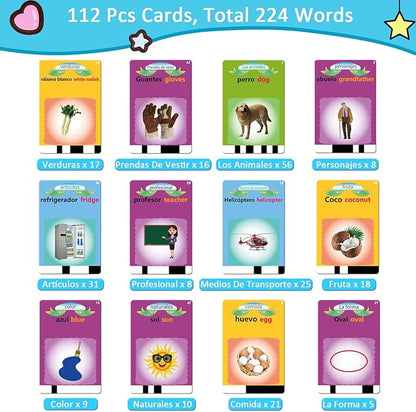 Spanish Flash Cards for Kids Toddlers 1-3, Bilingual Buddy Talking Flash Cards, Autism Sensory Learning Toys, Montessori Educational Speech Therapy Toys, Autism Learning Materials, Ideal Gift for Boys