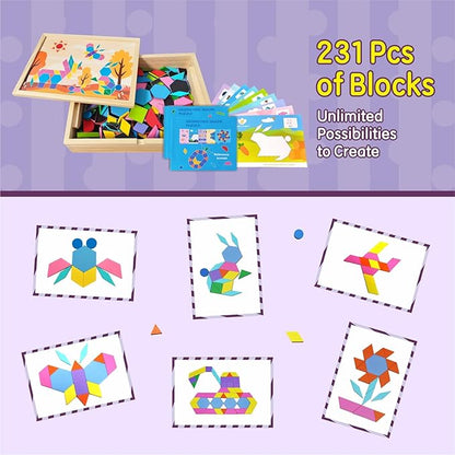 Wooden Pattern Blocks Set, 231 PCS Magnet Pattern Blocks, a Pattern Book and 9 Double-Sided Puzzle Cards, Tangrams for Kids Ages 3+, Early Math Geometric Shapes Concepts Learning Resource