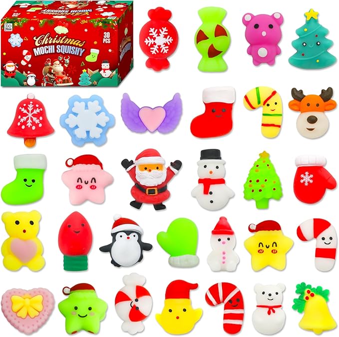 30 Pack Christmas Squishy Toys, Christmas Party Favors Stocking Stuffers Xmas Gifts, Kawaii Mochi Squishies Sensory Squeeze Toys for Kids Girls Boys Toddlers Treasure Box Toys Classroom Prizes