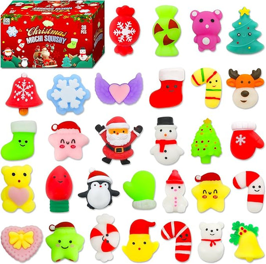 30 Pack Christmas Squishy Toys, Christmas Party Favors Stocking Stuffers Xmas Gifts, Kawaii Mochi Squishies Sensory Squeeze Toys for Kids Girls Boys Toddlers Treasure Box Toys Classroom Prizes
