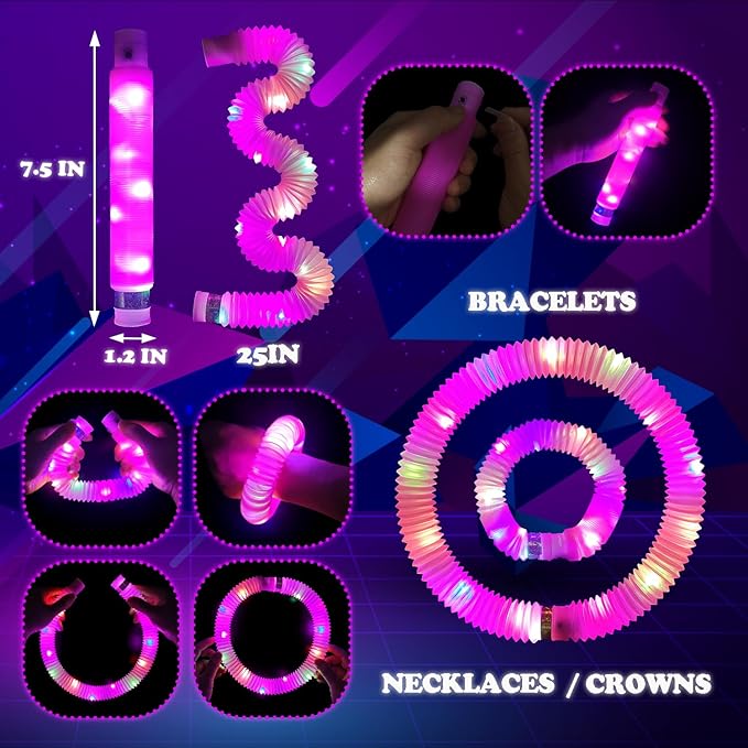24 PCS Pink Glow Sticks Valentines Day Party Favors for Kids,LED Light up Pop Tubes for Toddlers, Neon Necklaces Bracelets Accessories,Glow Birthday Dance Wedding Mardi Gras Party Supplies Decorations