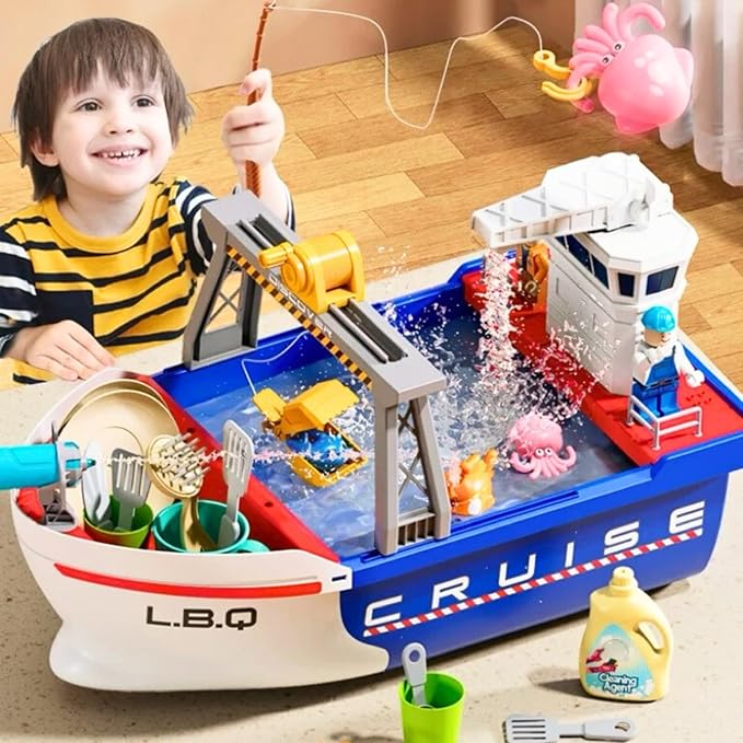 Play Sink Toy with Running Water, Kitchen Dishwasher Play Kitchen Toys with Floating Fishes & Kitchenware, Pool Fishing Toys for Water Play