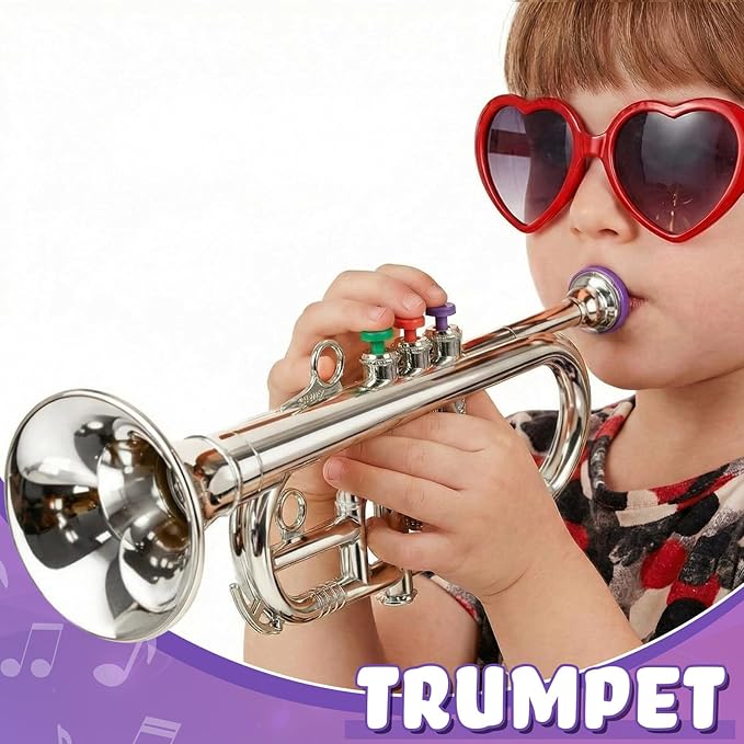 Lewtemi Silver Three-Valve Trumpet Musical Instruments Toy for Kid Toddler Fake Plastic Preschool Music Toy Gift Portable Wind Instrument Early Educational Teaching Songs Gifts for Toddlers Children