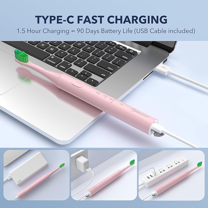 [2024 Newer Version] ARISSON Sonic Electric Toothbrush for Adults, 1.5H Charge for 90 Days, 40,000 VPM Power Toothbrush, 2 Min Timer, [Faster Charging, Stronger Cleaning, Smarter Brushing] Baby Pink