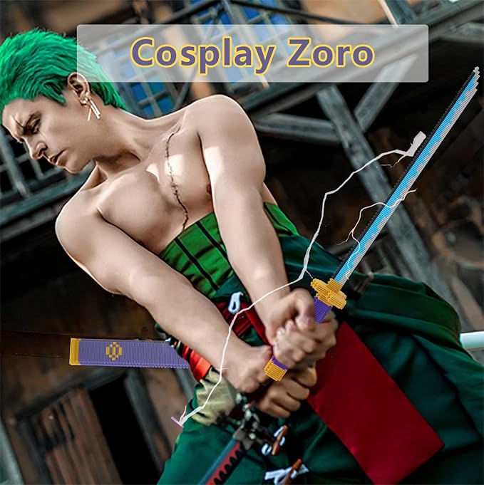 Cosplay Anime ONE Piece Zoro Swords Building Blocks Set, 22.8in Samurai Katana Zoro Sword Building Blocks with Scabbard & Stand, Cartoon Roronoa Yamato Sword Model