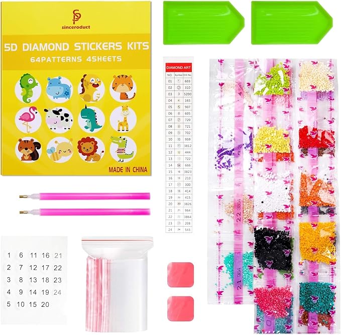 sinceroduct Diamond Art Kits for Kids, 64 Pcs Diamond Art Stickers Crafts for Kids Ages 4-6-8-12, 5D DIY Animals Gem Art Stickers Kits for Girls Boys Adults Beginners, Christmas Diamond Art Gifts