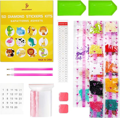 sinceroduct Diamond Art Kits for Kids, 64 Pcs Diamond Art Stickers Crafts for Kids Ages 4-6-8-12, 5D DIY Animals Gem Art Stickers Kits for Girls Boys Adults Beginners, Christmas Diamond Art Gifts