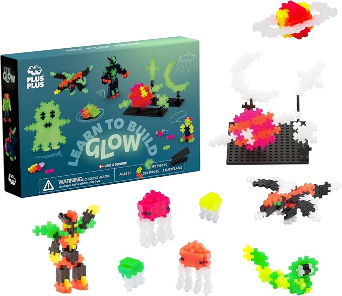 PLUS PLUS - Learn to Build, Glow in The Dark - Construction Building STEM – Interlocking Mini Puzzle Blocks for Kids