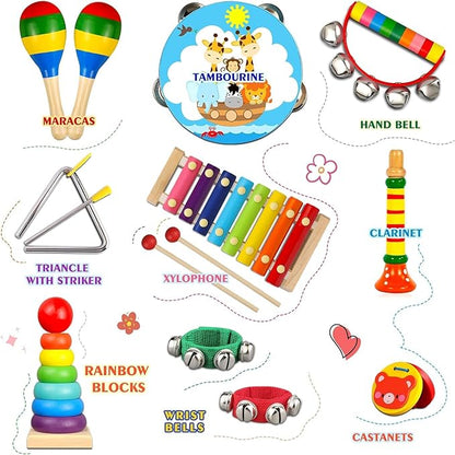 LOOIKOOS Toddler Musical Instruments,Wooden Percussion Instruments for Baby Kids Preschool Educational Musical Toys Set Boys and Girls with Carrying Bag