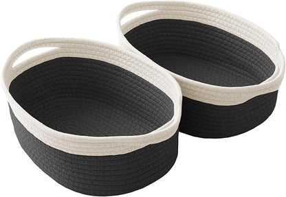 JMvicyroam Woven Basket, Small Rope Storage Bin with Handles & Ribbon Bag, Organizer for Shelves Closets,Gift Basket Empty for Birthday,Books,Dog Toys,White&Black/2 Pack