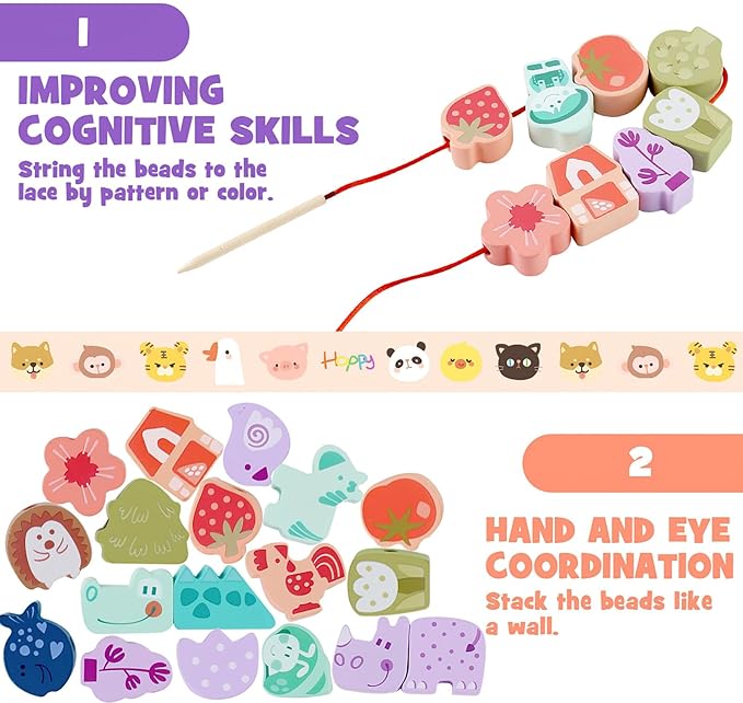 LovesTown Wooden Lacing Beads Set, 67 Pieces, Educational Stringing Toy with Storage Bag, Animal and Fruit Shapes for Toddlers