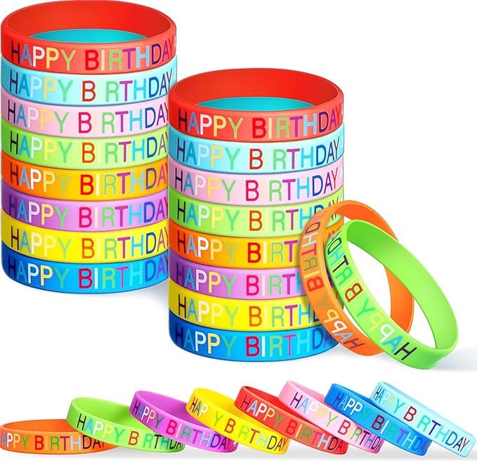 24 Pieces Happy Birthday Rubber Bracelets, Colored Silicone Stretch Wristbands Classroom Birthday Bracelets Party Favors Goodie Bag Stuffers for Teenagers Classroom Birthday Party Supplies