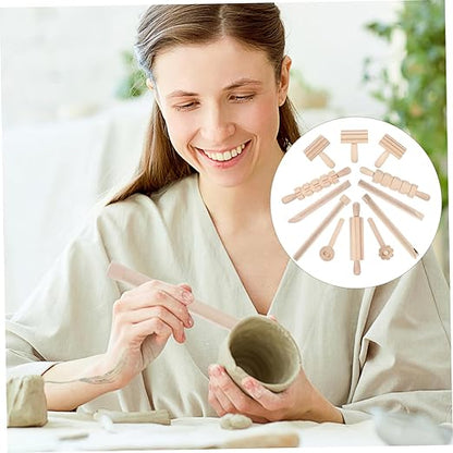 Garneck 12Pcs Clay Sculpting Tools Set Wooden Plasticine Molding Tools with Rolling Pins Stamps Modeling Accessories for Kids DIY Pottery and Handcrafts