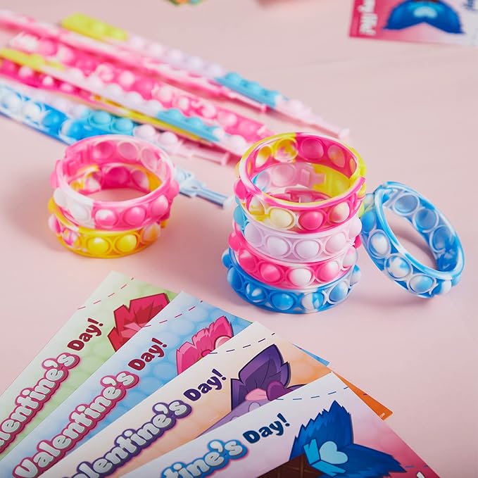 JOYIN 28 Packs Valentine's Day Cards with Pop Fidget Bracelet Pop Bubble Fidget Toy Bracelet Wristband Stress Relief Finger Press Toy for Kids Valentine's Classroom Exchange Prizes Party Favors