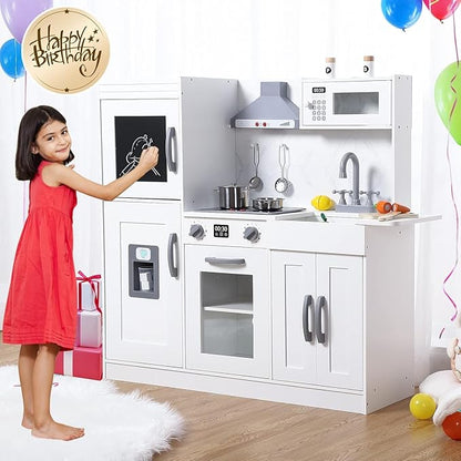 Play Kitchen for Kids, Wooden Play Kitchen with Toy Storage System, Toy Kitchen Set with Plenty of Play Features, Gift for Ages 3+,White