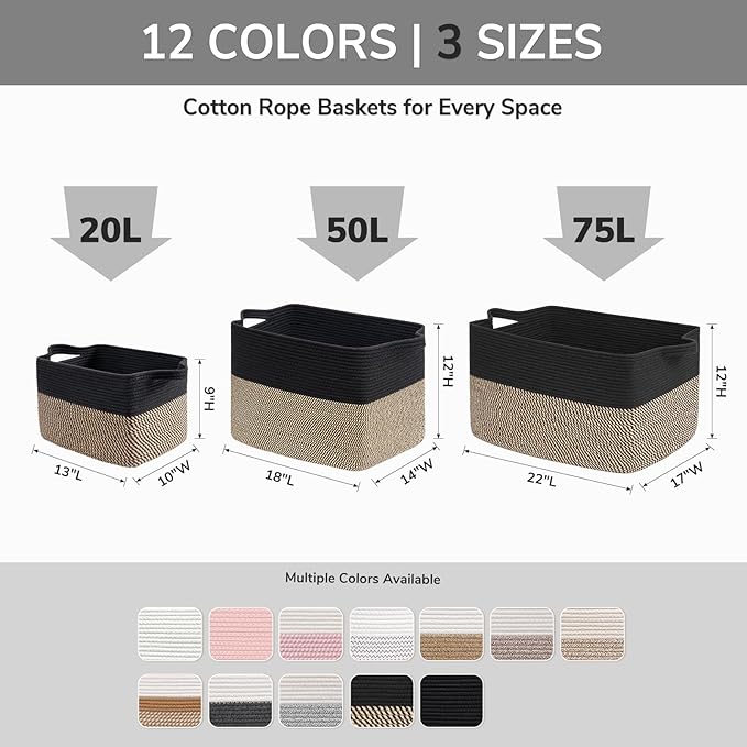 Goodpick Woven Storage Baskets for Organizing 22”x17”x12” Large Blanket Basket for Living Room Bedroom, Rectangle Toy Baskets Storage Kids with Handles, Dark Gray