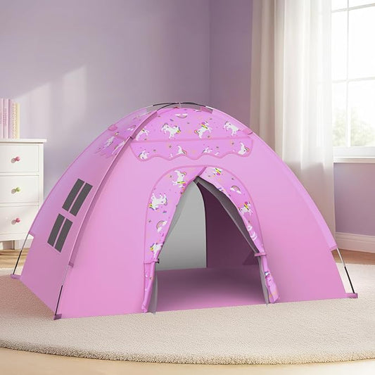AFUNX Unicorn Play Tent for Girls Ages 4–8, Extra Large Kids Indoor Play Tent 70" L x 45" W x 43" H, Lavender Pink Foldable Tent with Rainbow & Unicorn Print, Easy Setup, Fits 2–4 Kids