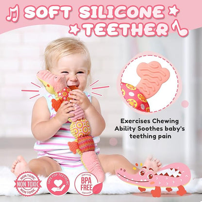 AWOTOY Baby Toys 0 to 12 Months, Musical Stuffed Animal Activity Soft Toys with Multi-Sensory Crinkle, Rattle and Textures,Infant Tummy Time Toys for Newborn Boys Girls, Crocodile, Pink