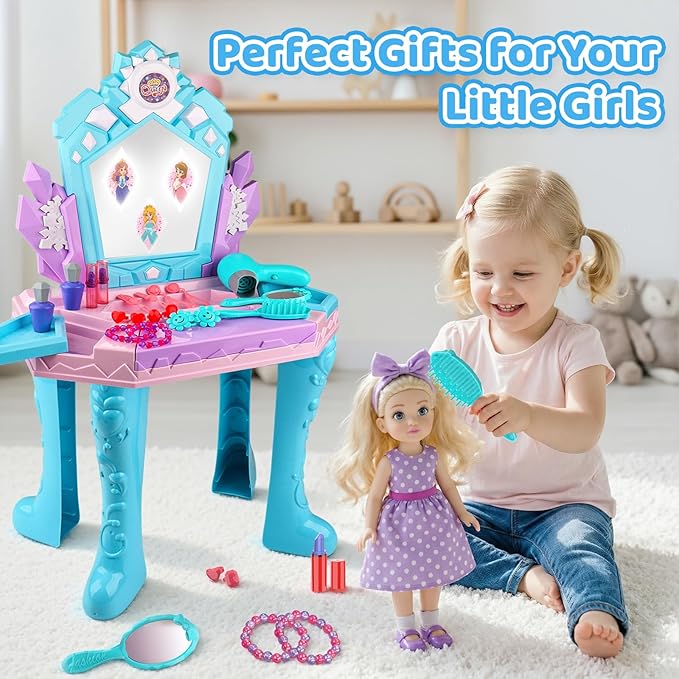 Toddler Frozen Vanity Table and Chair, Girls Magic Makeup Set with Mirror and Lights & Music, Kids Pretend Play Toys for 2 3 4 5 Year Old Girl Princess Dress Playset Birthday Gifts Ages 2-4 3-5
