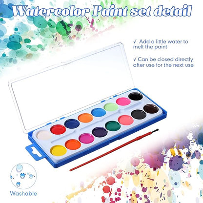Jexine 48 Pieces Watercolor Paint Sets for Valentine's Day Gifts 16 Washable Water Color Paints Washable Bulk with Paintbrushes for Valentine School Classroom Birthday Gift Art Party Favors