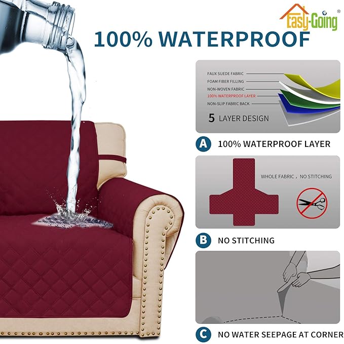 Easy-Going Sofa Slipcover Loveseat Cover Waterproof Couch Cover Washable Sofa Cover for 2 Cushion Couch Non-Slip Fabric Furniture Protector with Pocket for Pets Kids Dog Cat (Loveseat, Wine)