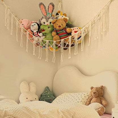 Boho Stuffed Animals Net or Hammock Large,55 inch Toy Hammock Macrame Stuff Animal Storage Corner Hanging Net Holder,Mesh Hammock Plush Toy Organizer with Hooks for Bedroom,Nursery (White)