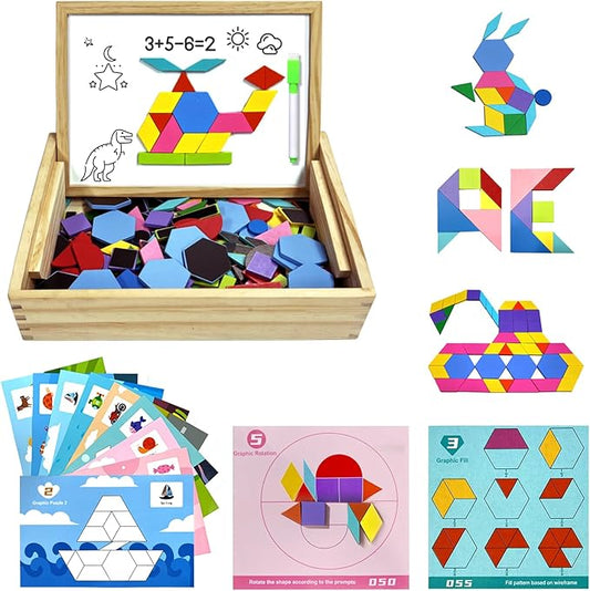 Wooden Pattern Blocks Set, 231 PCS Magnet Pattern Blocks, a Pattern Book and 9 Double-Sided Puzzle Cards, Tangrams for Kids Ages 3+, Early Math Geometric Shapes Concepts Learning Resource